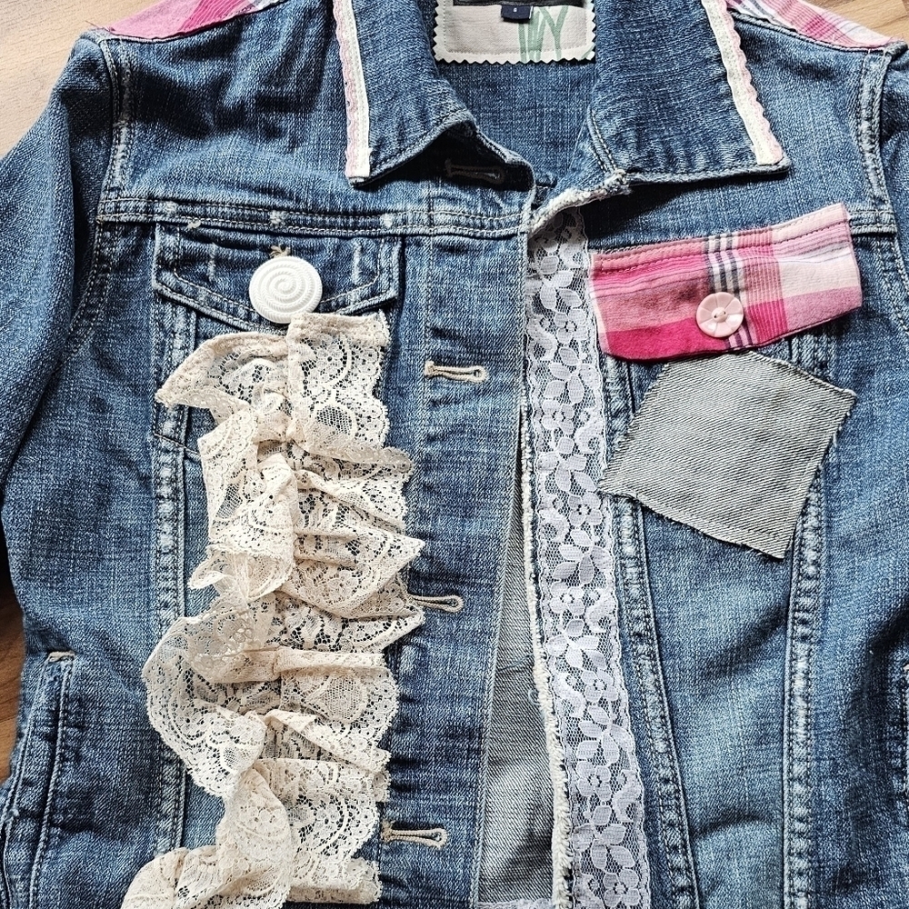 Boho Patchwork Embellished Upcycled Denim Jean jacket Artisan NWT Bohemian - Picture 6 of 9